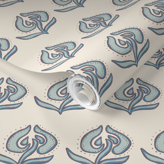 Little House in blue and cranberry on off white Wallpaper