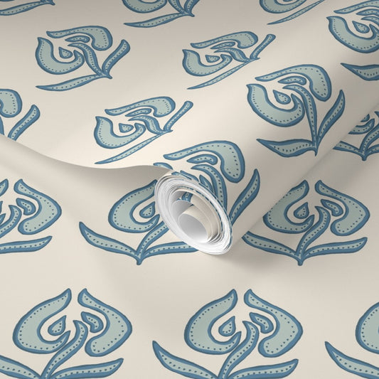 Little House in blue on off white Wallpaper