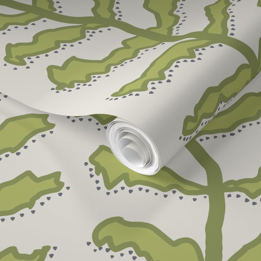 Kelp Forest Green on Cream Wallpaper