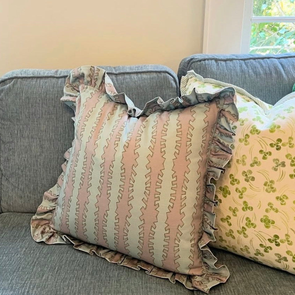 "Zipper" in Lilac & Blue Ruffle Edge Pillow Cover