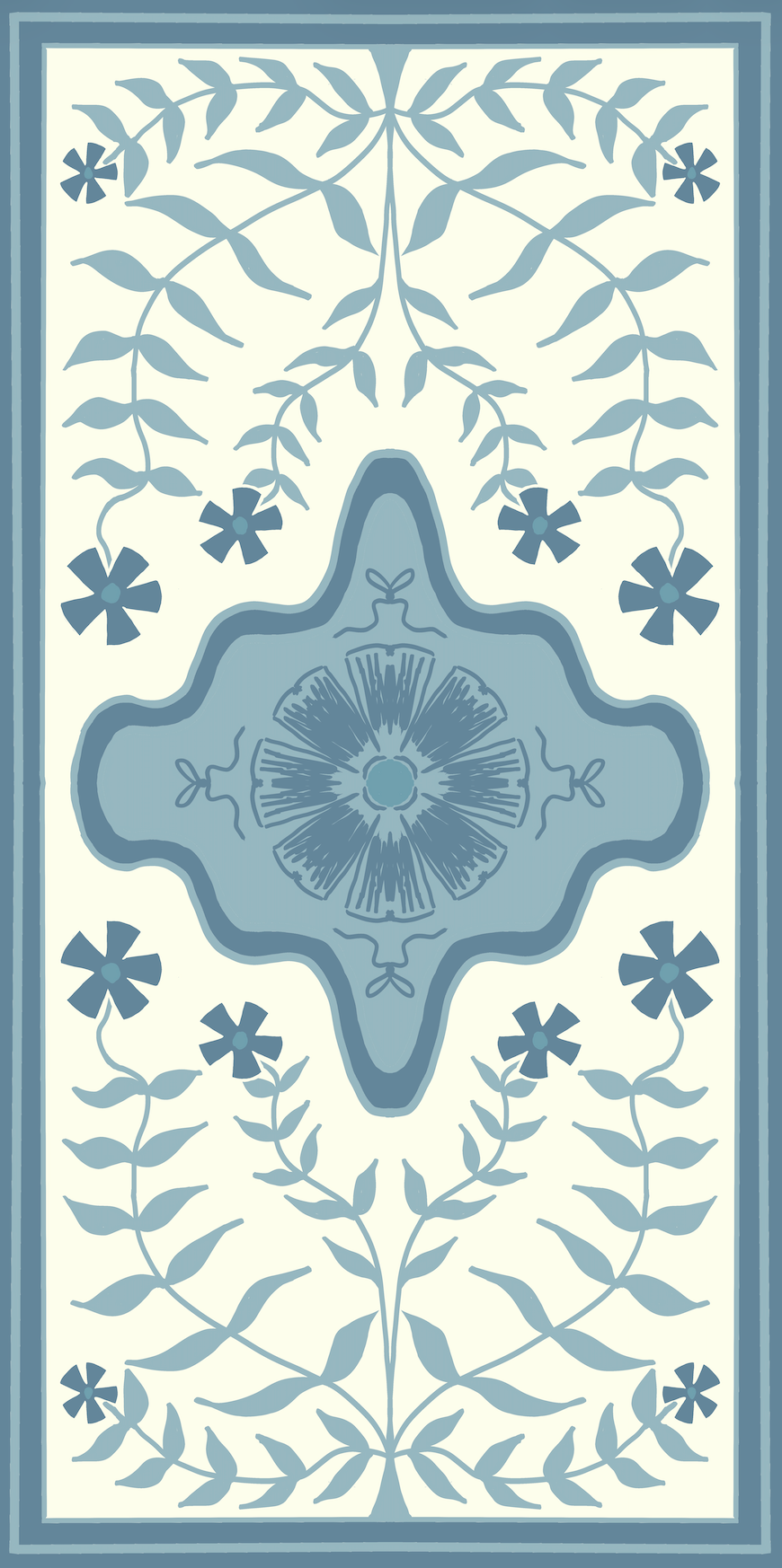 Floral Modern Oushak style designer vinyl floor mat rug blue and white.