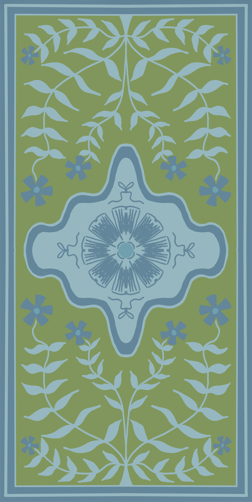 Blue and Green Modern Oushak with floral detail designer vinyl rug and floor mat runner