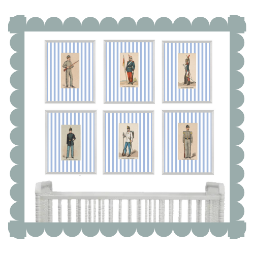 Vintage prints with blue striped background