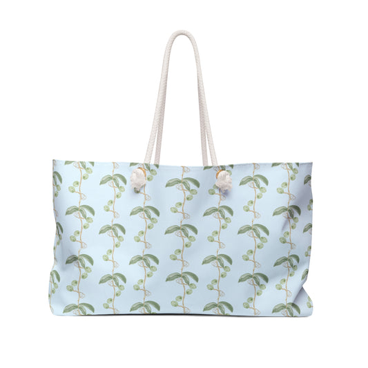 LWH weekender in "Plant the Seed Pod" in green on blue