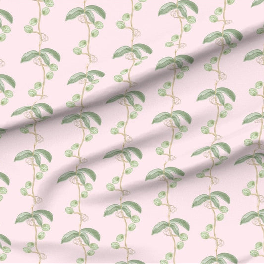 Fabric with green leaf and flower seed pot vine pattern on a pink background