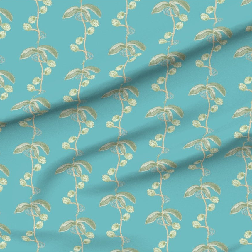 Fabric with leaf and floral seed pod vine pattern on a turquoise background