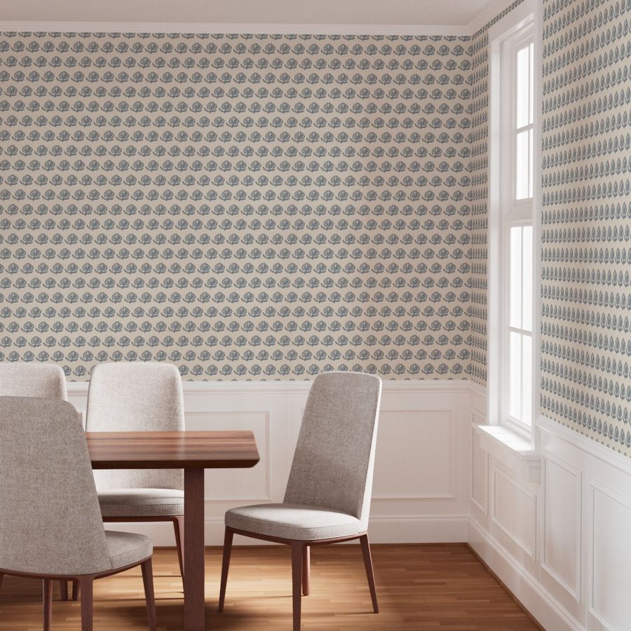 Little House in blue and cranberry on off white Wallpaper