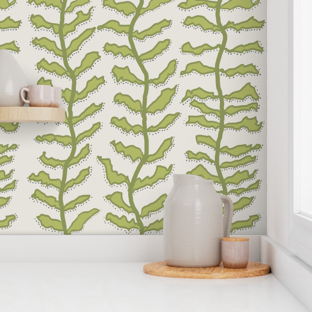 Kelp Forest Green on Cream Wallpaper