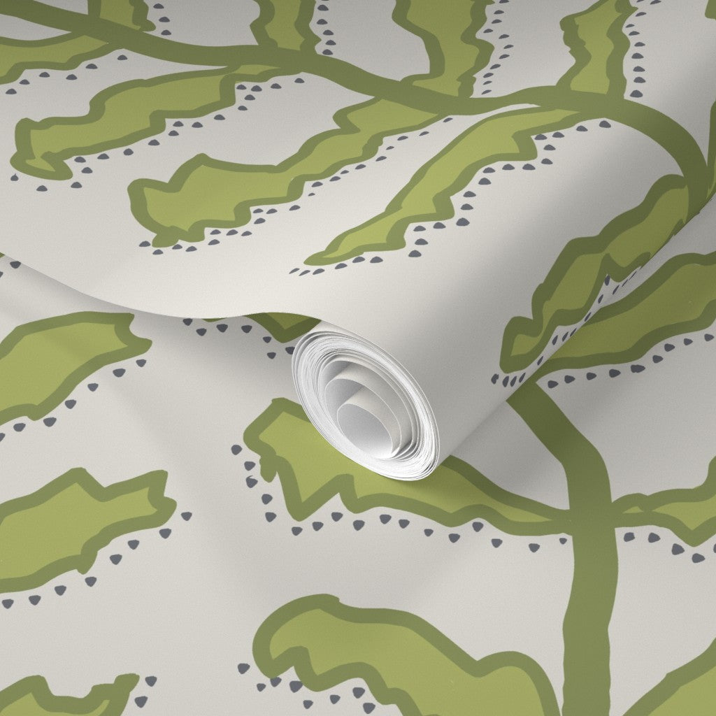 Kelp Forest Green on Cream Wallpaper