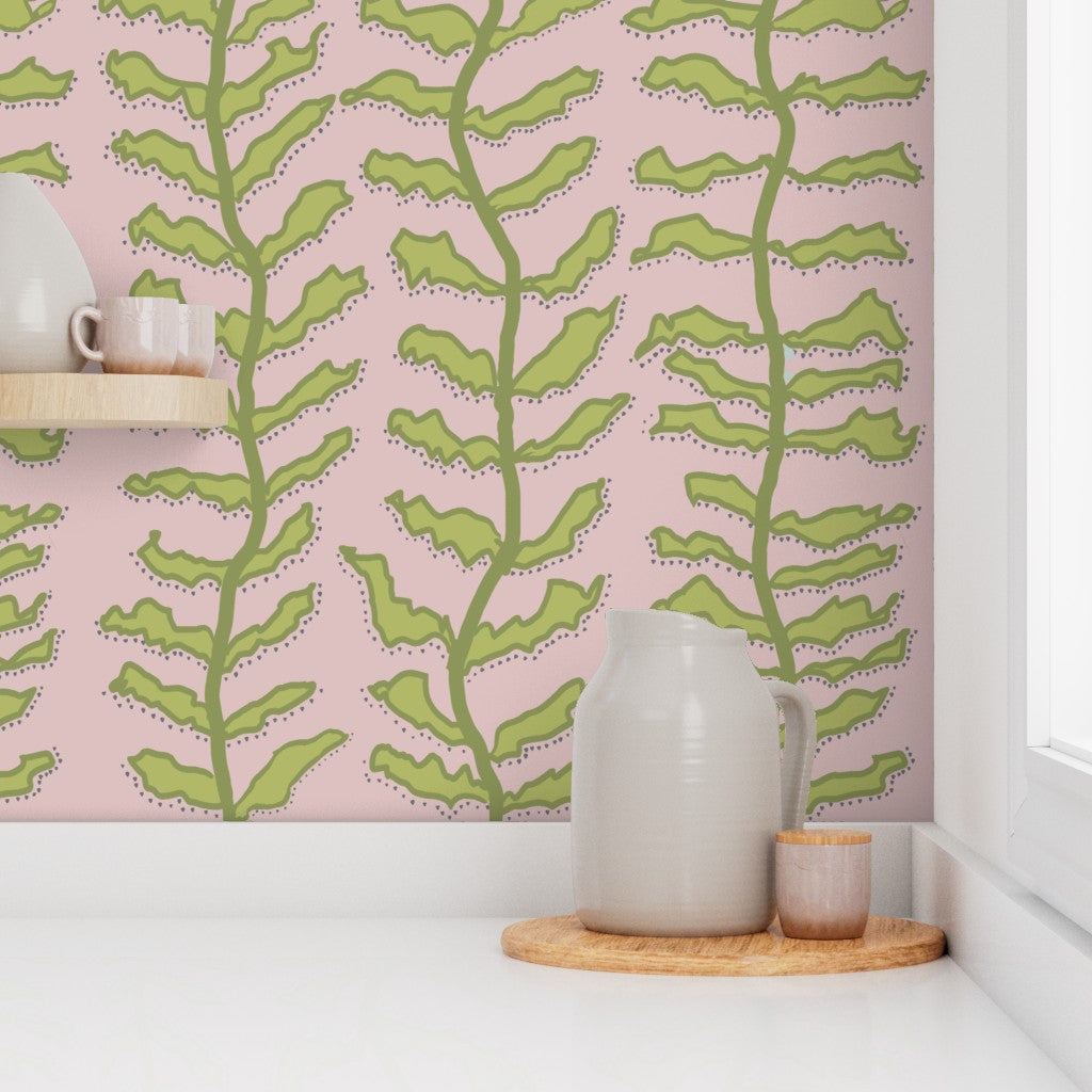 Kelp Forest - Green on Pink Wallpaper