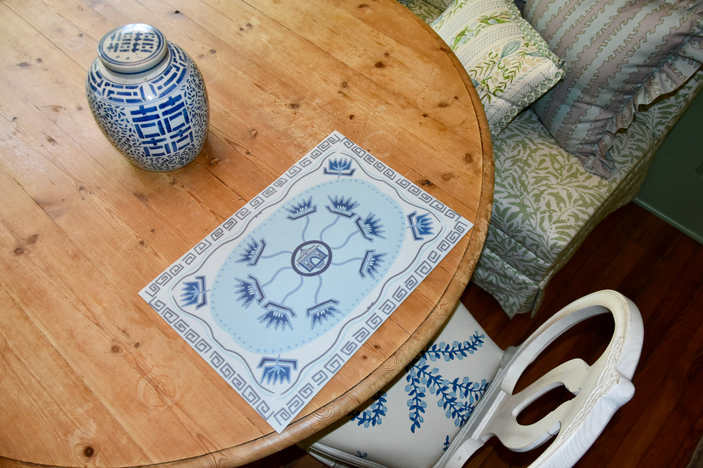 "Pagoda" Blue & White Chinoiserie Vinyl Placemat - 14"x20"