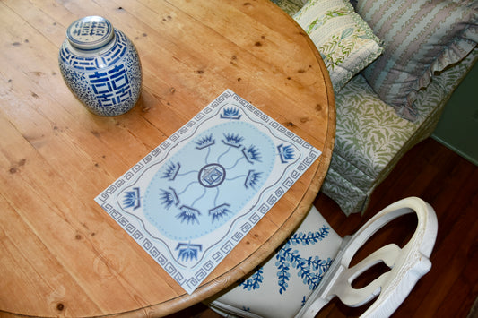 "Pagoda" Blue & White Chinoiserie Vinyl Placemat - 14"x20"