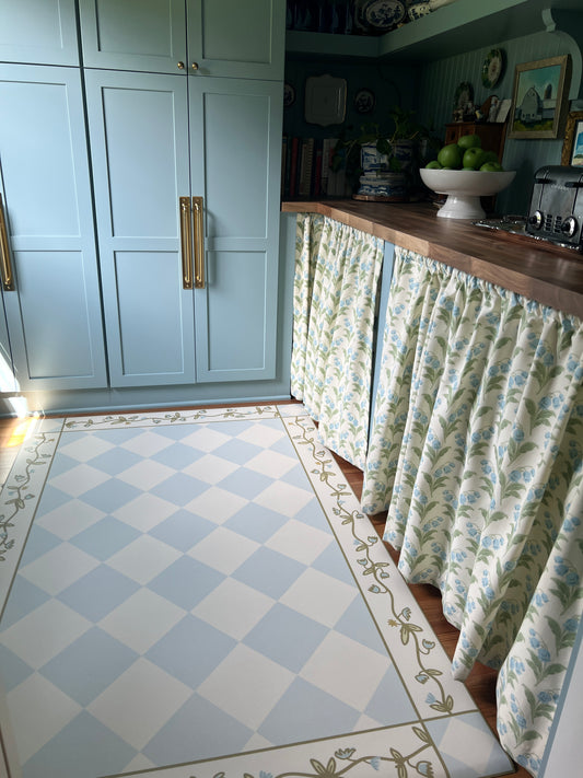 "Floral Diamonds" Checkerboard Cottage Floral Vinyl Floor Mat - 48" x 72"