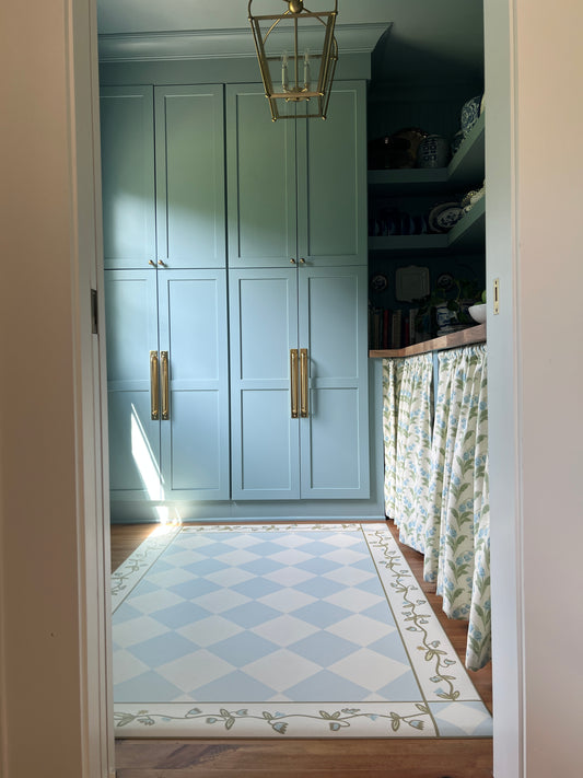 "Floral Diamonds" Checkerboard Cottage Floral Vinyl Floor Mat - 48" x 72"