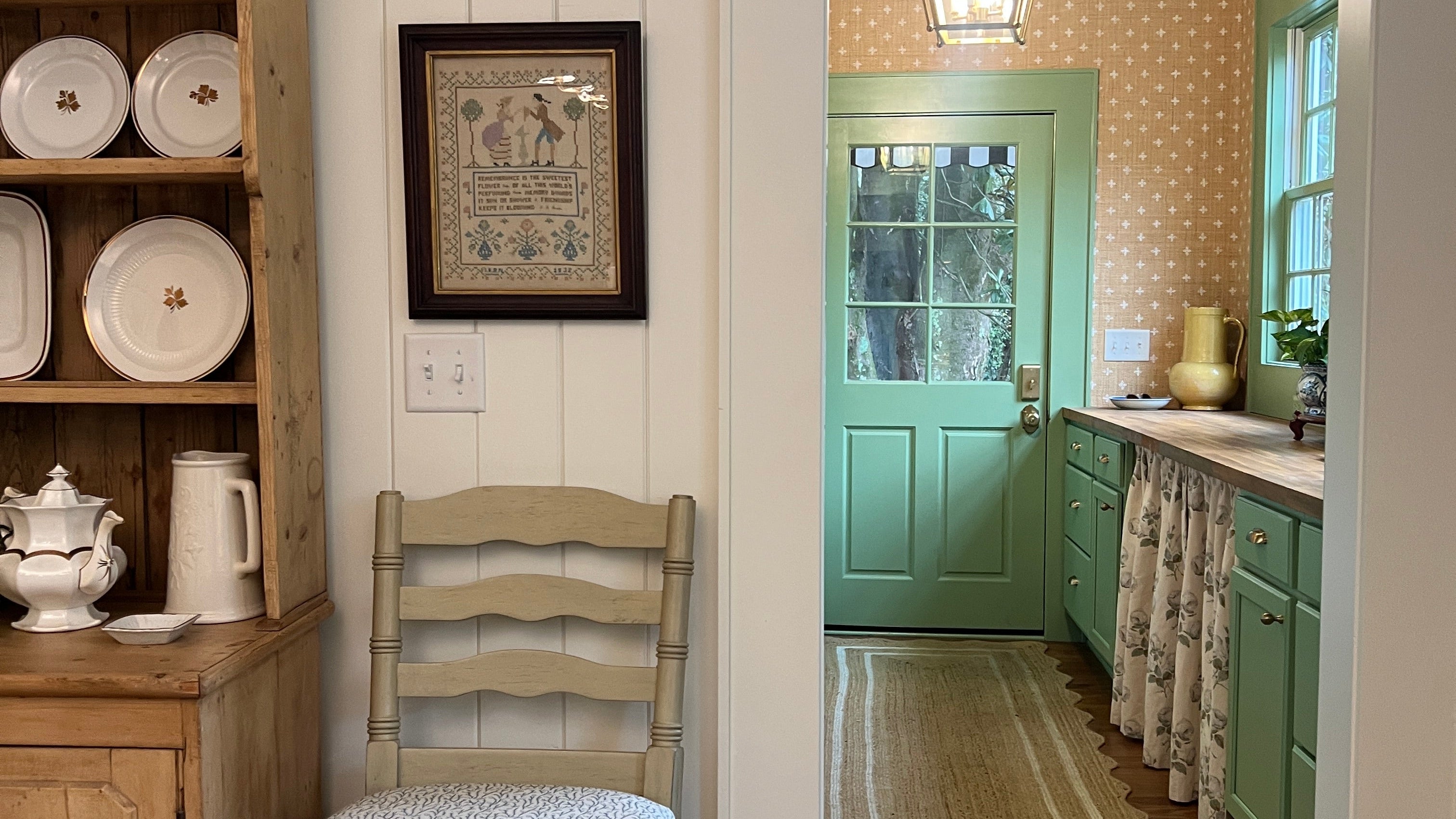 cottage kitchen with board and batten penny gap english pine antiques mudroom with bowood cafe curtains