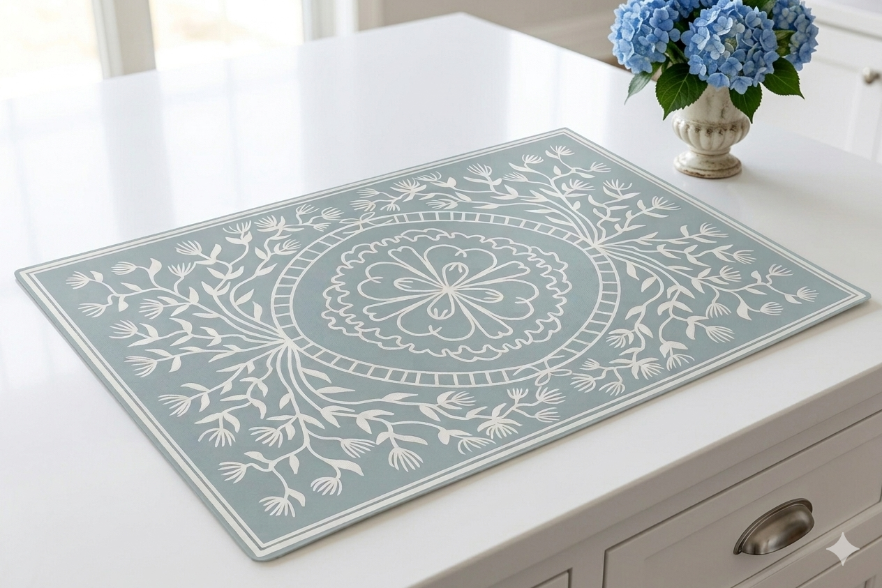 "Ruthie" in Blue- Cottage Floral Vinyl Placemat - 12"x18"