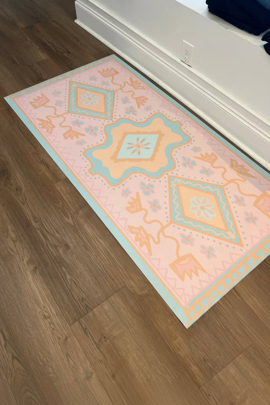 modern oushak pink, coral, turquoise nad orange vinyl floor mat runner