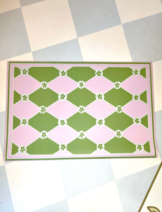 "Hopscotch & Daisies" Pink & Green Checkerboard Cottage Floral Vinyl Floor Mat - 24"x36"