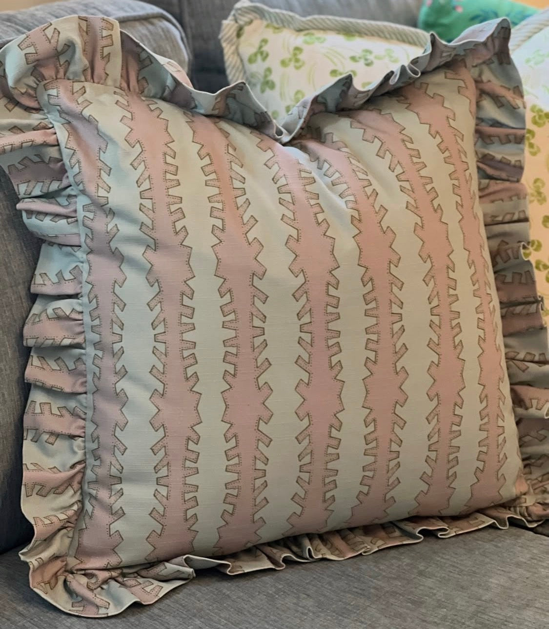 "Zipper" in Lilac & Blue Ruffle Edge Pillow Cover