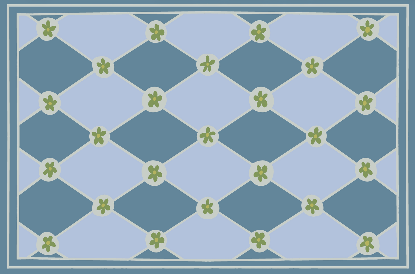 "Hopscotch & Daisies" Blue on  Violet Blue Checkerboard Cottage Floral Vinyl Floor Mat - 24"x36"