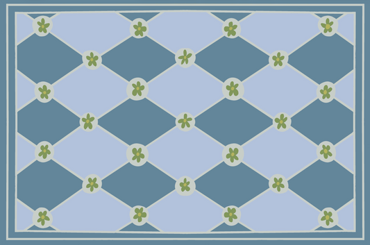 "Hopscotch & Daisies" Blue on  Violet Blue Checkerboard Cottage Floral Vinyl Floor Mat - 24"x36"