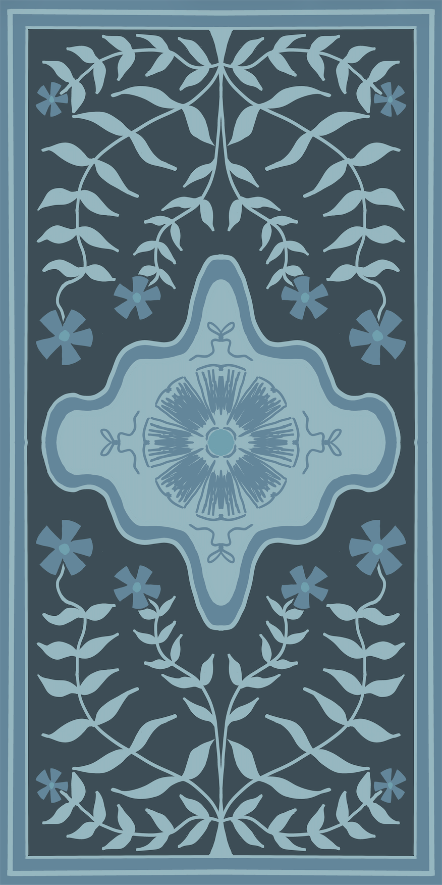 Blue and Navy floral modern Oushak style designer vinyl floor runner mat. 