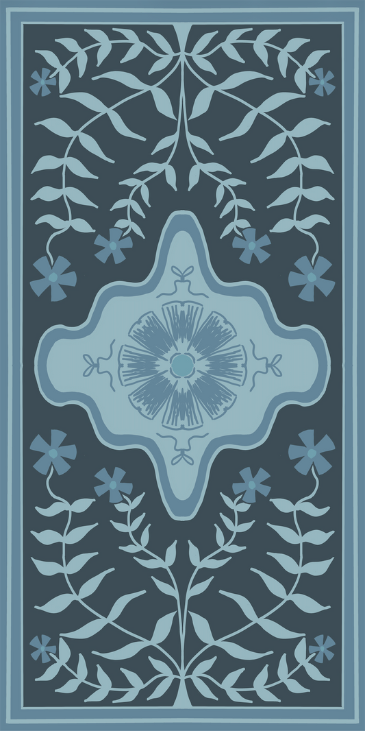 Blue and Navy floral modern Oushak style designer vinyl floor runner mat. 