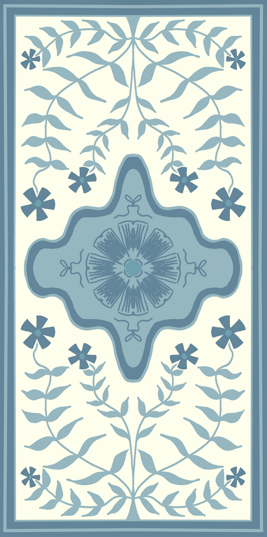 Floral Modern Oushak style designer vinyl floor mat rug blue and white.