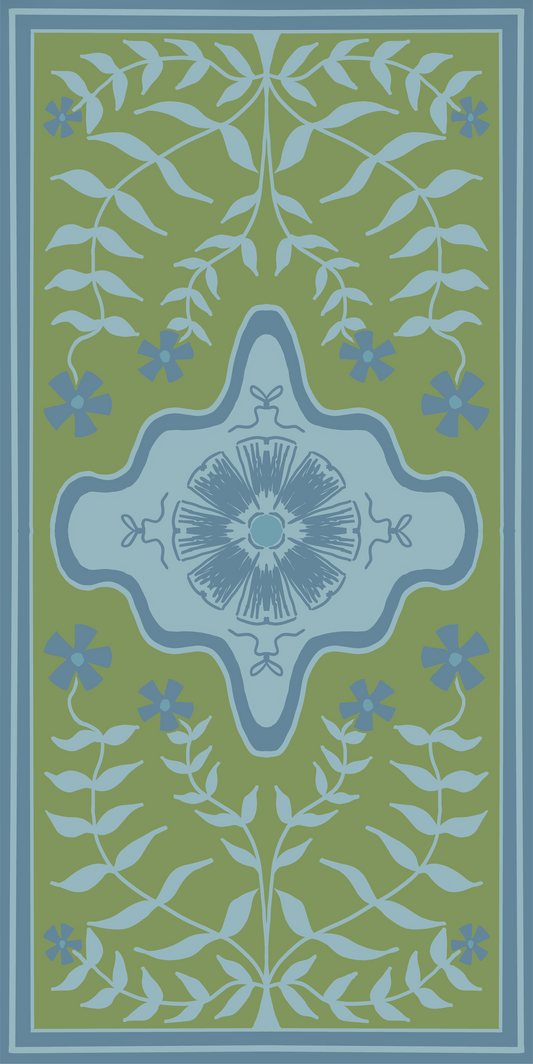 Blue and Green Modern Oushak with floral detail designer vinyl rug and floor mat runner