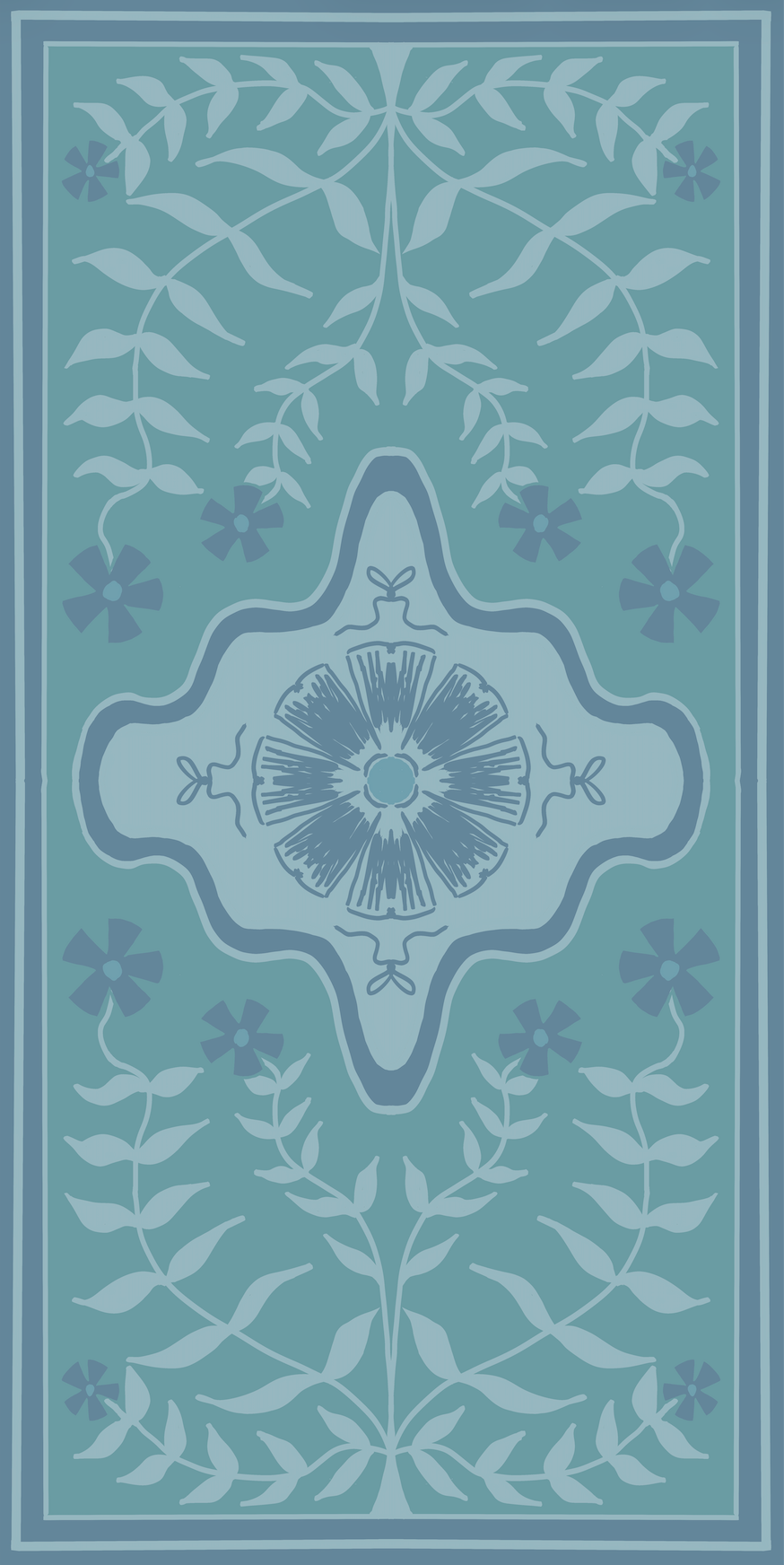 Modern Oushak floral style runner designer vinyl floor mat rug in blue and teal