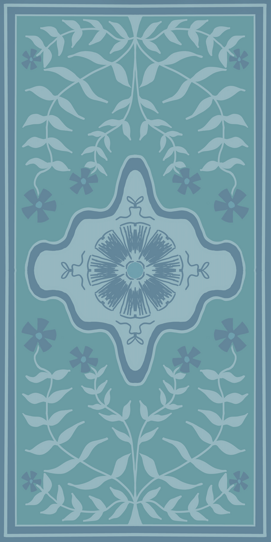 Modern Oushak floral style runner designer vinyl floor mat rug in blue and teal
