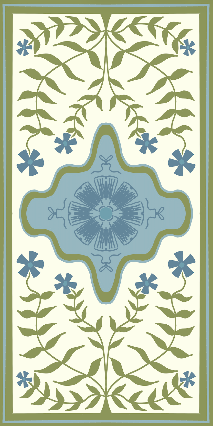 modern floral oushak in blue green and cream colors.  designer vinyl runner floor mat