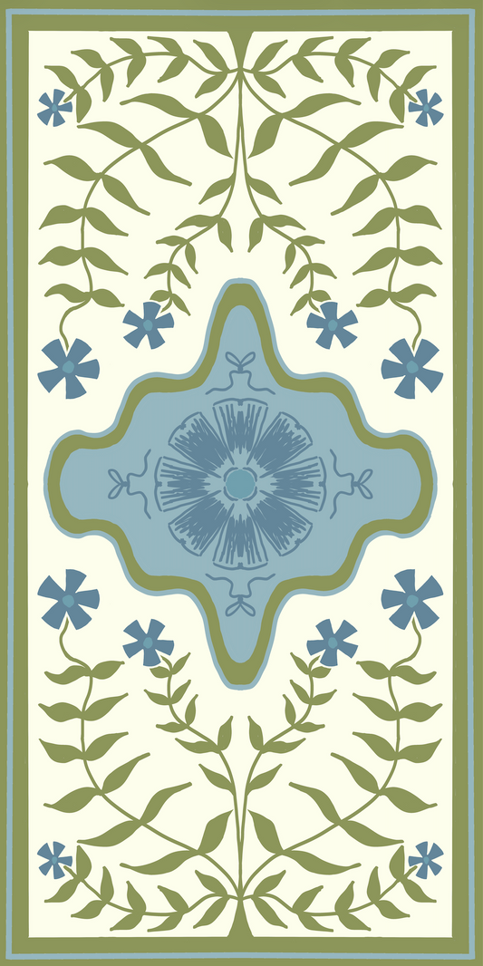 modern floral oushak in blue green and cream colors.  designer vinyl runner floor mat
